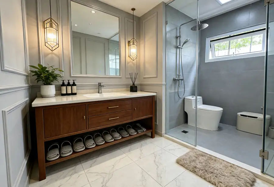 Bright washbasin area in the three-bedroom suite Anyu Pool Villa Resort